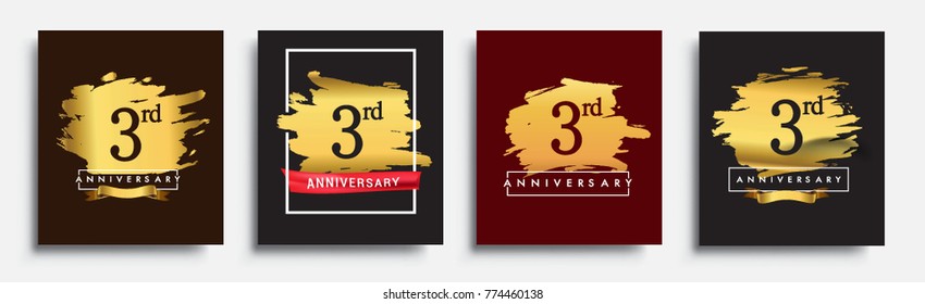 Set of Anniversary logo, 3rd anniversary template design on golden brush background, vector design for greeting card and invitation card, Birthday celebration