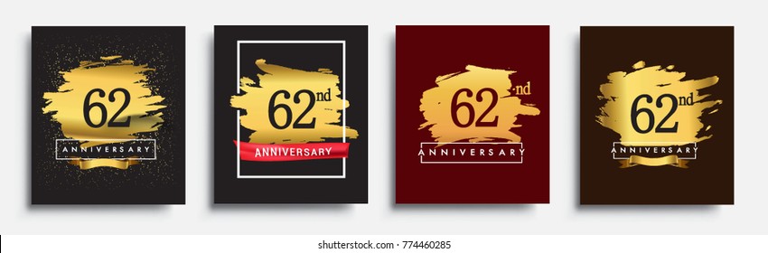 Set of Anniversary logo, 62nd anniversary template design on golden brush background, vector design for greeting card and invitation card, Birthday celebration