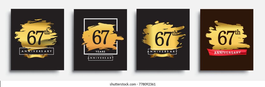 Set of Anniversary logo, 67th anniversary template design on golden brush background, vector design for greeting card and invitation card, Birthday celebration