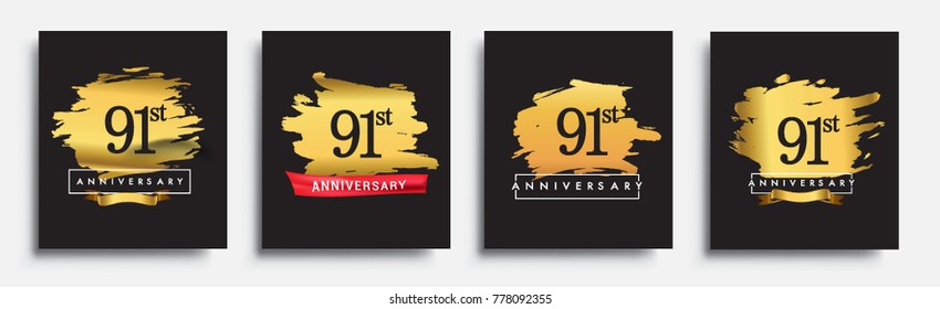 Set of Anniversary logo, 91st anniversary template design on golden brush background, vector design for greeting card and invitation card, Birthday celebration