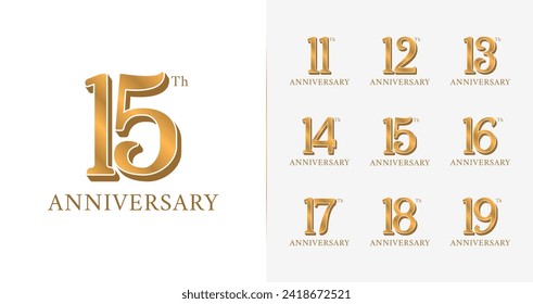 Logotipo del aniversario. Número de cumpleaños con color de oro para celebrar, invitación de tarjeta, etc. 11, 12, 13, 14, 15, 16, 17, 18, 19, símbolo de celebración