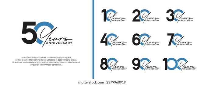 conjunto de logotipo de aniversario color negro y azul sobre fondo blanco para momento de celebración