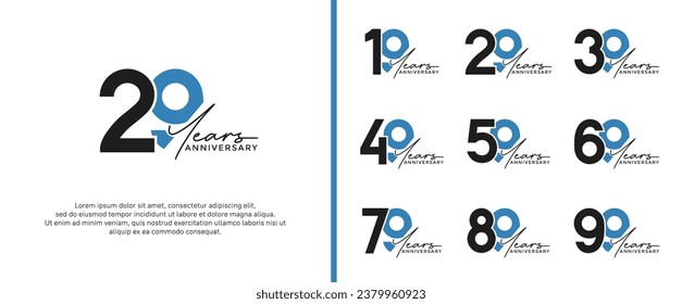 conjunto de logotipo de aniversario color negro y azul sobre fondo blanco para momento de celebración