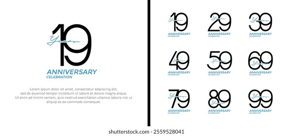 set of anniversary logo black and blue color on white background for celebration moment