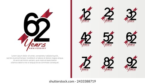 conjunto de logotipo de aniversario número de color negro y cinta roja en el fondo blanco para la celebración