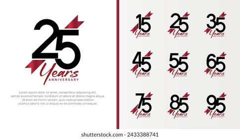 set of anniversary logo black color number and red ribbon on white background for celebration