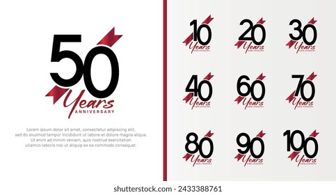 set of anniversary logo black color number and red ribbon on white background for celebration