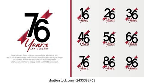 conjunto de logotipo de aniversario número de color negro y cinta roja en el fondo blanco para la celebración