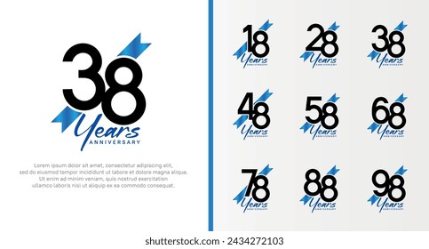 set of anniversary logo black color number and blue ribbon on white background for celebration