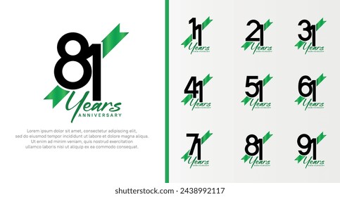 set of anniversary logo black color number and green ribbon on white background for celebration