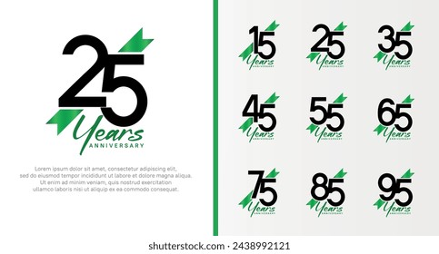 set of anniversary logo black color number and green ribbon on white background for celebration