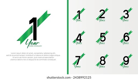 set of anniversary logo black color number and green ribbon on white background for celebration