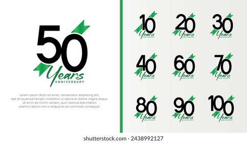 set of anniversary logo black color number and green ribbon on white background for celebration