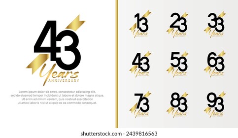 set of anniversary logo black color number and golden ribbon on white background for celebration