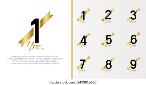 set of anniversary logo black color number and golden ribbon on white background for celebration