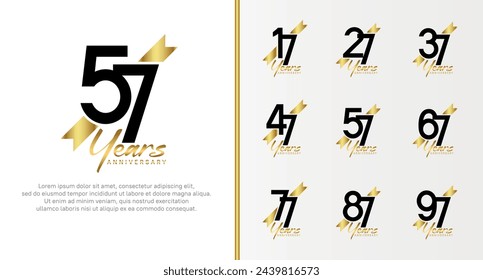 set of anniversary logo black color number and golden ribbon on white background for celebration