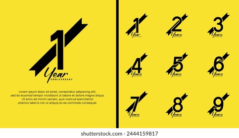 set of anniversary logo black color number and black ribbon on yellow background for celebration