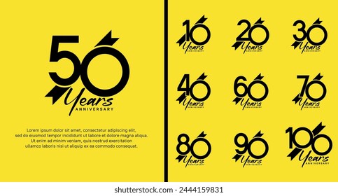 conjunto de logotipo de aniversario número de color negro y cinta negra sobre fondo amarillo para la celebración