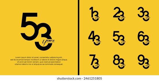 set of anniversary logo black color number on yellow background for celebration