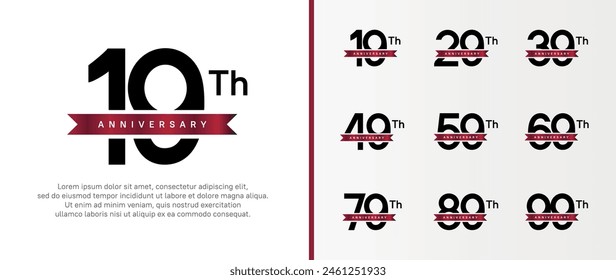 set of anniversary logo black color number and red ribbon on white background for celebration