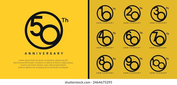 conjunto de logotipo de aniversario número de color negro en círculo y texto negro sobre fondo amarillo para la celebración