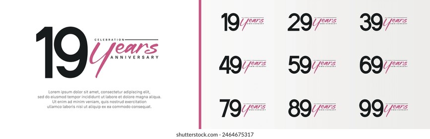 set of anniversary logo black color number and purple text on white background for celebration