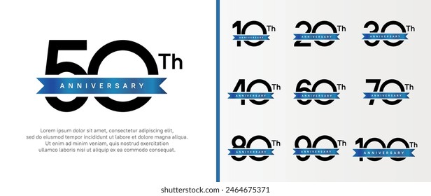 conjunto de logotipo de aniversario número de color negro y cinta azul en el fondo blanco para la celebración