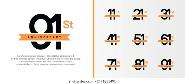set of anniversary logo black color number and orange ribbon on white background for celebration