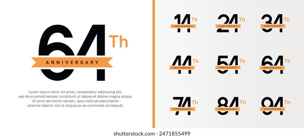 set of anniversary logo black color number and orange ribbon on white background for celebration