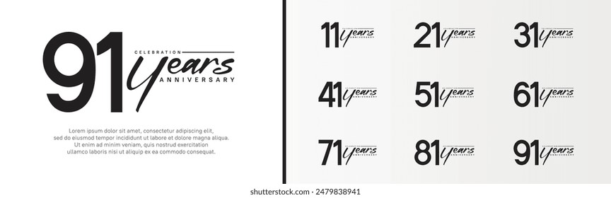 set of anniversary logo black color number and black text on white background for celebration