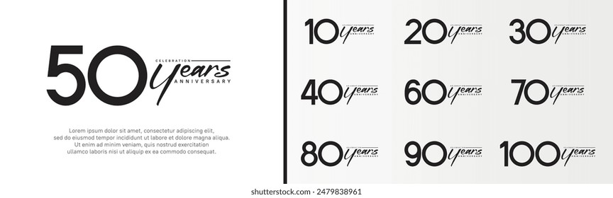 conjunto de logotipo de aniversario número de color negro y texto negro sobre fondo blanco para la celebración