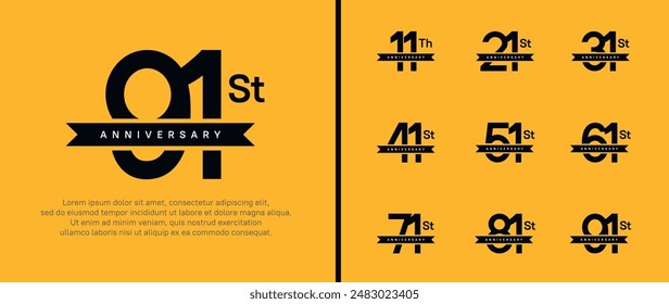 set of anniversary logo black color number and black ribbon on yellow background for celebration