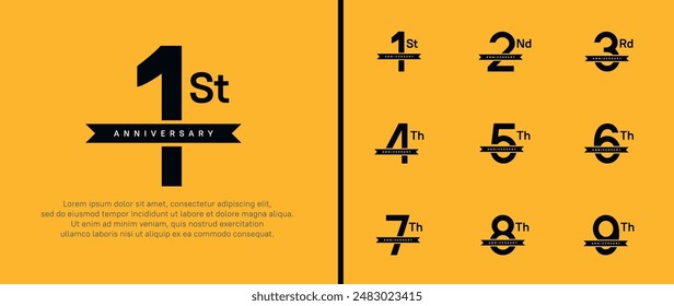set of anniversary logo black color number and black ribbon on yellow background for celebration