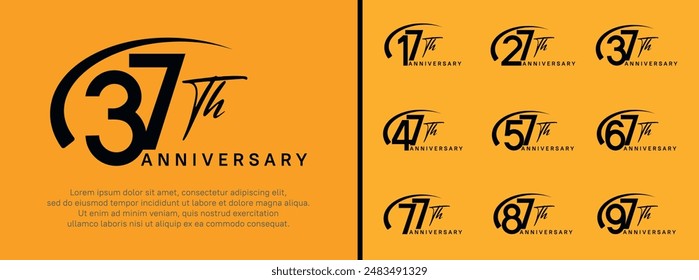 conjunto de logotipo de aniversario número de color negro y swoosh en el fondo amarillo para la celebración