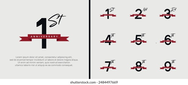 set of anniversary logo black color number and red ribbon on white background for celebration