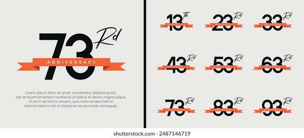 conjunto de logotipo de aniversario número de color negro y cinta naranja sobre fondo blanco para la celebración