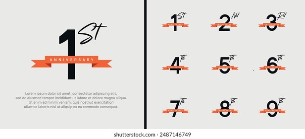 conjunto de logotipo de aniversario número de color negro y cinta naranja sobre fondo blanco para la celebración