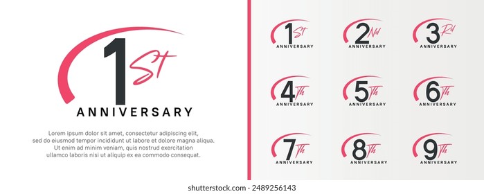 set of anniversary logo black color number and pink swoosh on white background for celebration