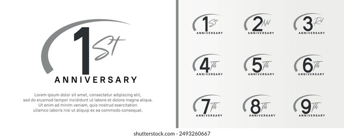 set of anniversary logo black color number and gray swoosh on white background for celebration