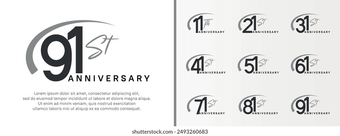 set of anniversary logo black color number and gray swoosh on white background for celebration
