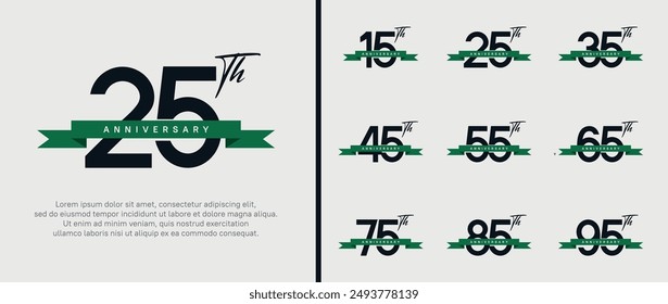 set of anniversary logo black color number and green ribbon on white background for celebration