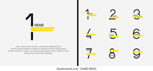 set of anniversary logo black color and yellow ribbon on white background for celebration moment