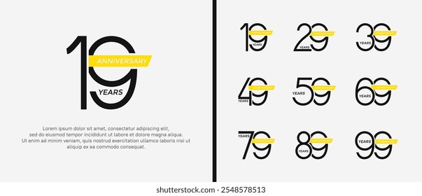 set of anniversary logo black color and yellow ribbon on white background for celebration moment