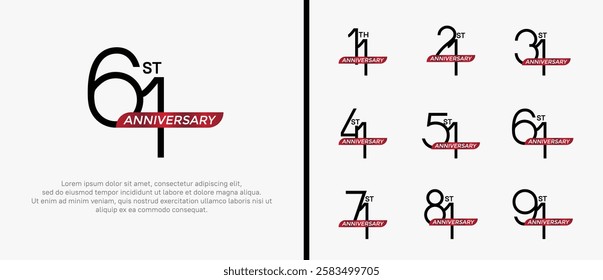 set of anniversary logo black color and red ribbon on white background for celebration moment