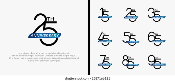 set of anniversary logo black color and blue ribbon on white background for celebration moment