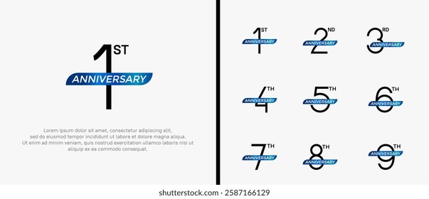 set of anniversary logo black color and blue ribbon on white background for celebration moment