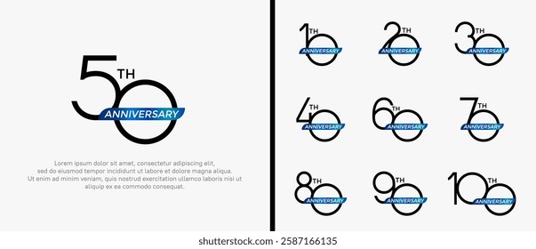 set of anniversary logo black color and blue ribbon on white background for celebration moment