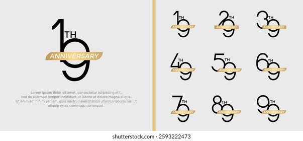 set of anniversary logo black color and gold ribbon on white background for celebration moment