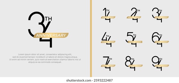 set of anniversary logo black color and gold ribbon on white background for celebration moment