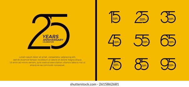 set of anniversary logo black color on yellow background for celebration moment